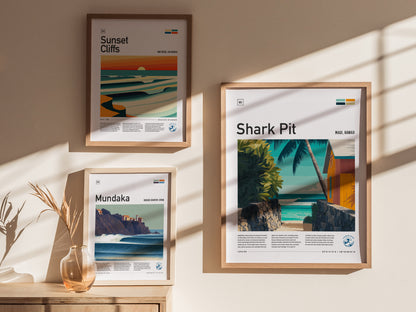 Framed "Shark Pit" poster featuring a vibrant Maui scene with a rustic shack, palm tree, and gentle ocean waves, ideal surf art decor.