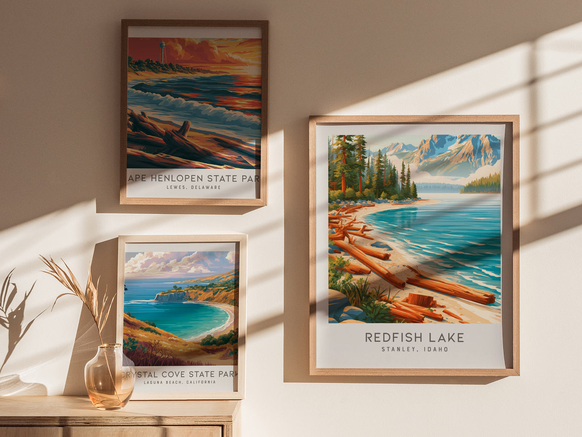 Redfish Lake Matte Border Poster | Stanley, Idaho Travel Wall Art — styled in a modern interior