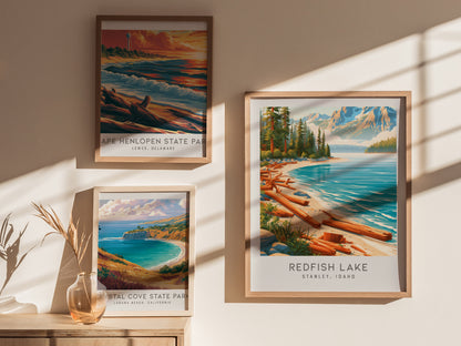Redfish Lake Matte Border Poster | Stanley, Idaho Travel Wall Art — styled in a modern interior