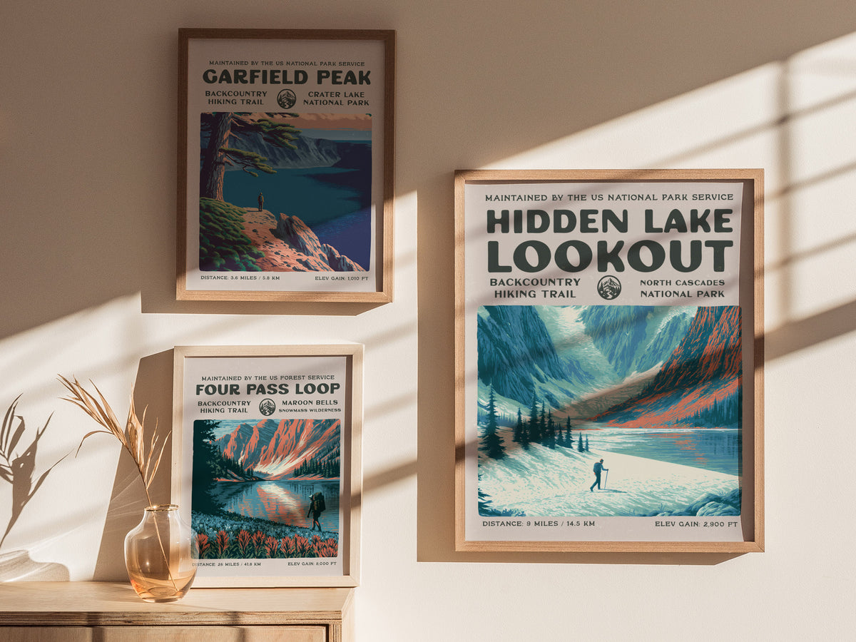 Hidden Lake Lookout, North Cascades National Park Poster | Hiker Gift | Backcountry Trail Wall Art — styled in a modern inter