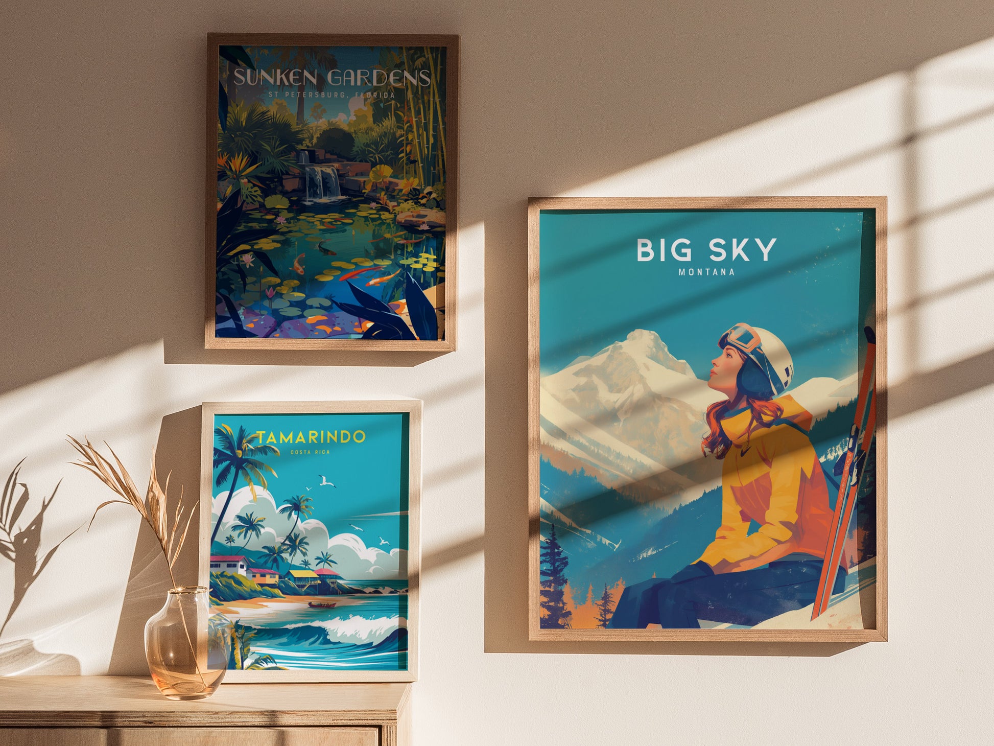 Three framed posters are displayed on a wall. The largest features Big Sky Montana with a skier gazing at a mountain, while the others depict tropical and garden scenes.
