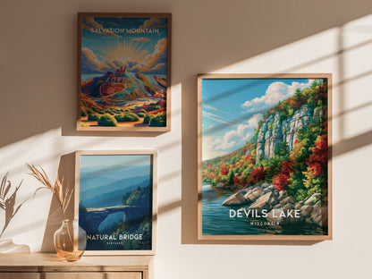 Devils Lake, Wisconsin Poster | Bluffs & Blue Water Travel Wall Art — styled in a modern interior