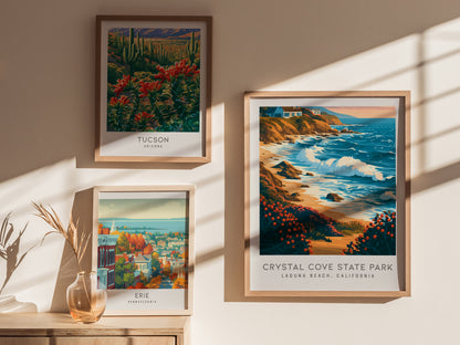 Crystal Cove State Park Matte Border Poster | Laguna Beach, California Travel Wall Art — styled in a modern interior