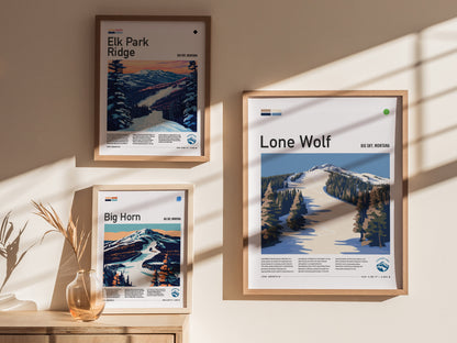 Three framed ski posters are displayed on a sunlit wall, featuring Elk Park Ridge, Lone Wolf, and Big Horn runs in Big Sky, Montana, with a vase of dried flowers.