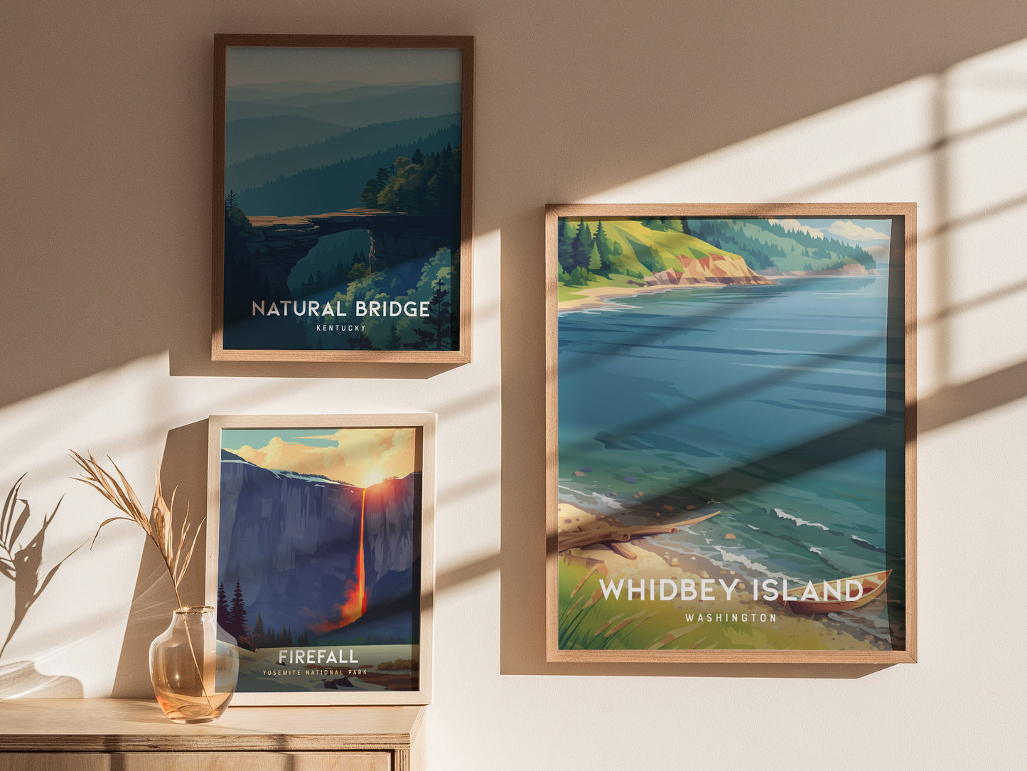 Whidbey Island, Washington Poster | Evergreen Shores & Sailboat Wall Art — styled in a modern interior