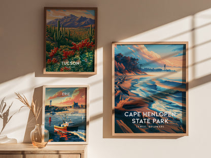 Cape Henlopen State Park, Lewes, Delaware Poster | Dunes & Lighthouse Coastal Beach Decor — styled in a modern interior