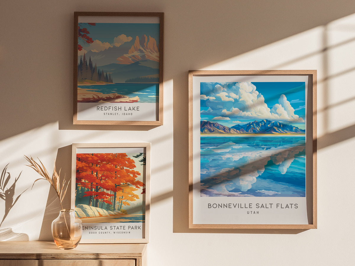 Bonneville Salt Flats Matte Border Poster | Utah Destination Print Travel Wall Art — styled in a modern interior