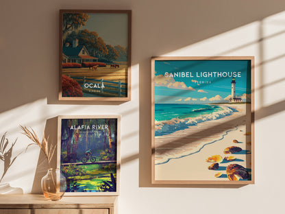 Sanibel Lighthouse, Florida Poster | Gulf Coast Beacon Coastal Decor Wall Art — styled in a modern interior