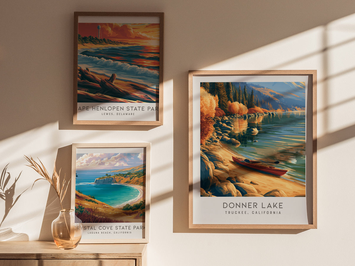 Donner Lake Matte Border Poster | Truckee, California Destination Print — styled in a modern interior