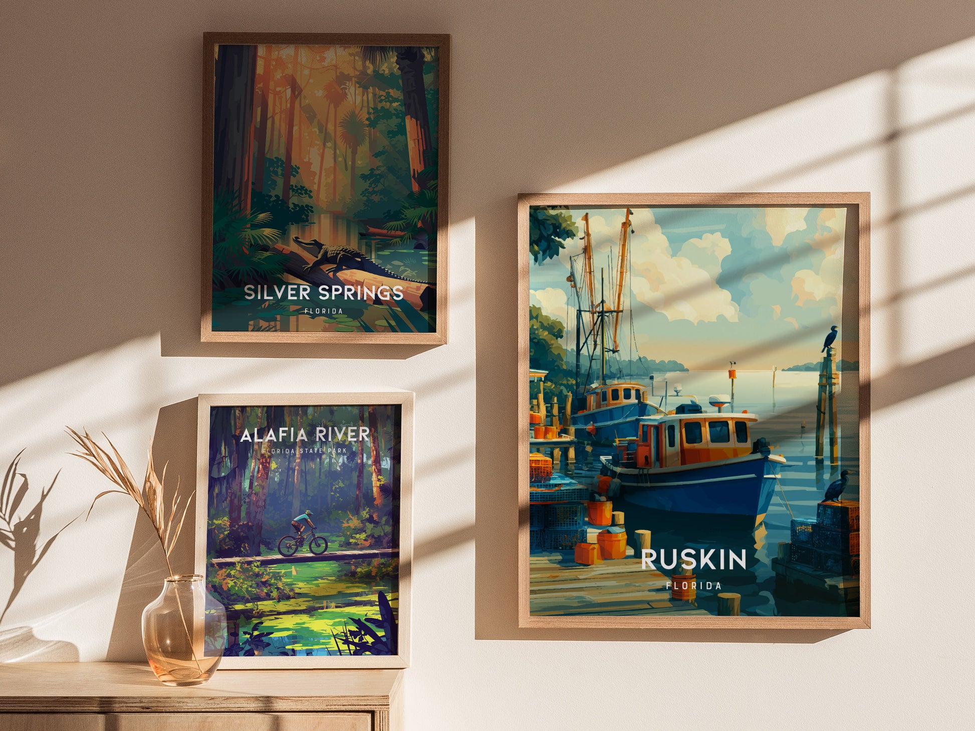 Ruskin, Florida Poster | Waterfront Sunsets & Mangrove Charm Wall Art — styled in a modern interior