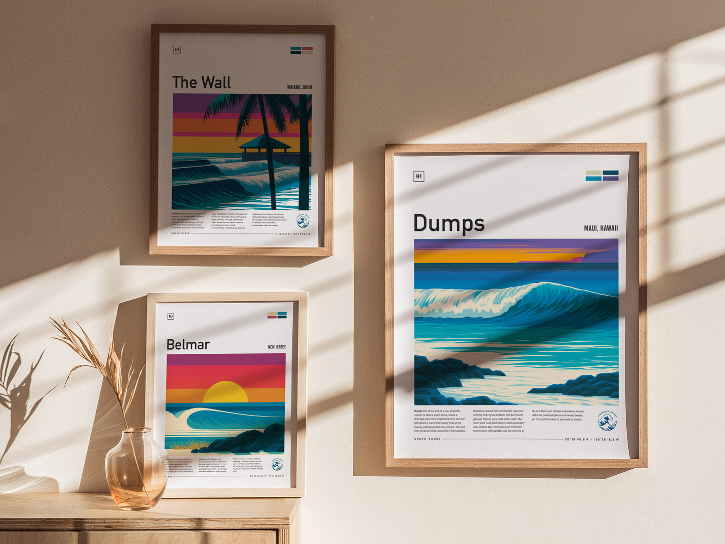 Dumps, Hawaii Poster | Tropical Reef Break Surf Wall Art — styled in a modern interior