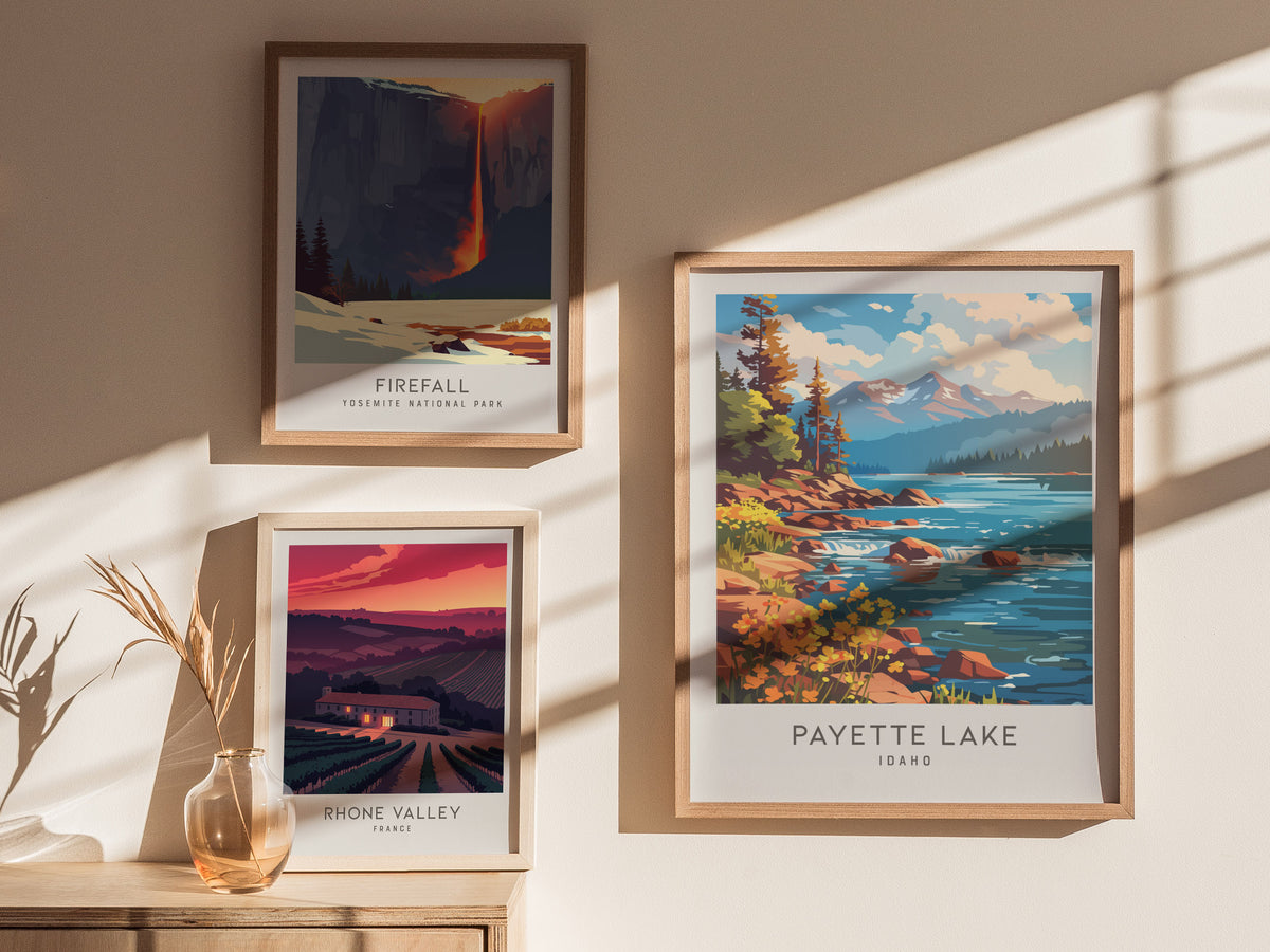 Payette Lake Matte Border Poster | Idaho Travel Wall Art — styled in a modern interior