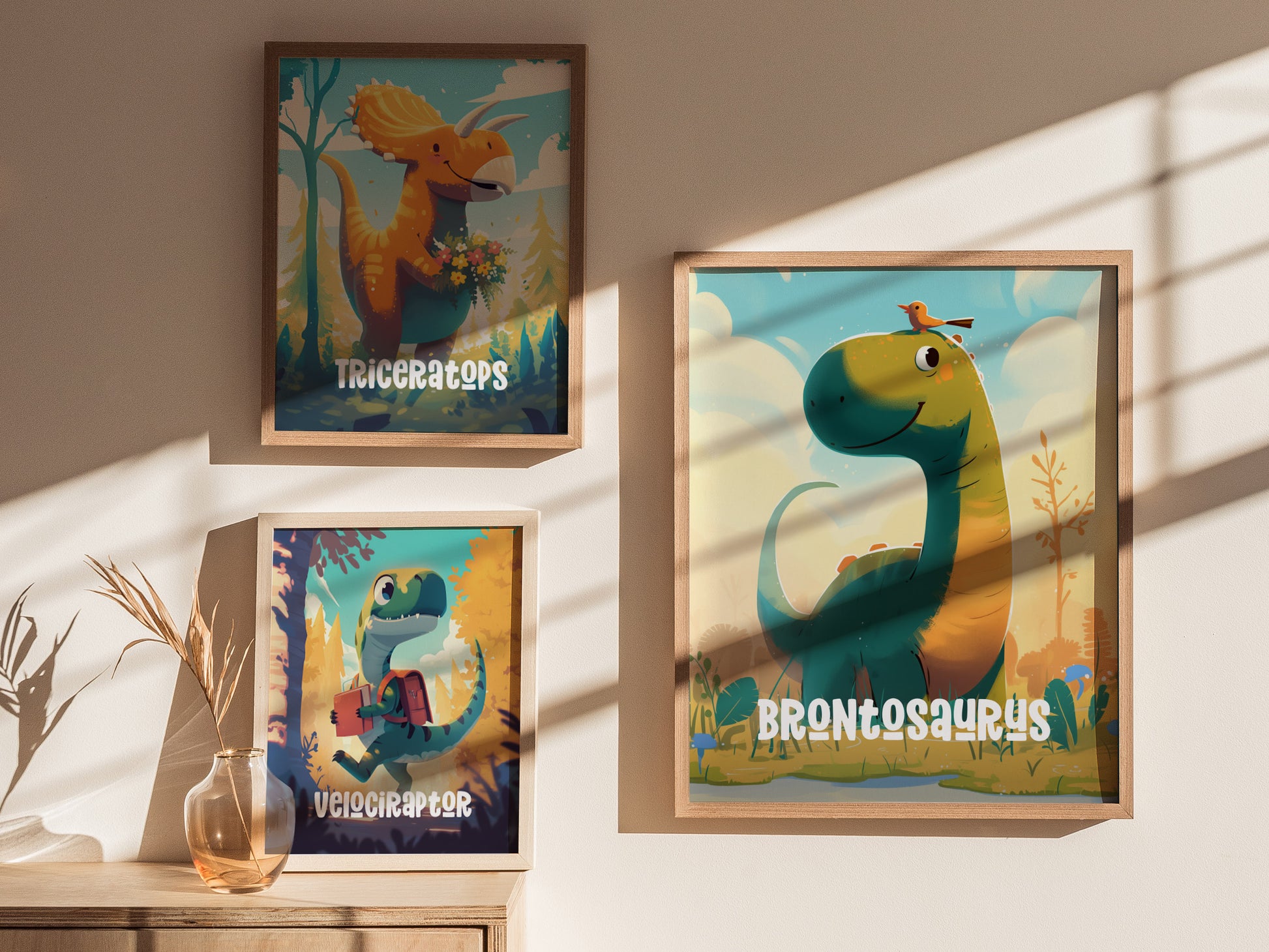 Brontosaurus Cute Dinosaur Poster | Kids Room Nursery Wall Art | Framed or Unframed