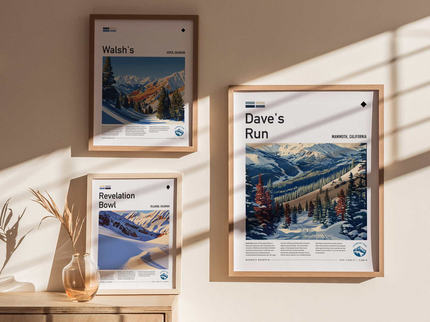 Dave's Run, Mammoth, California Poster | Ski Lodge Decor Mountain Wall Art — styled in a modern interior