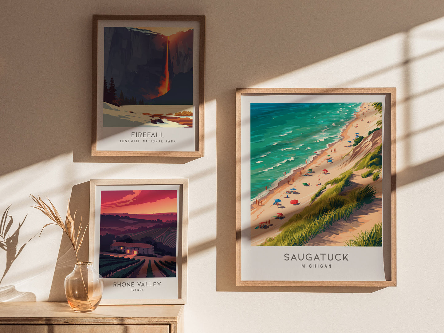 Saugatuck Matte Border Poster | Michigan Coastal Beach Decor Travel Wall Art — styled in a modern interior