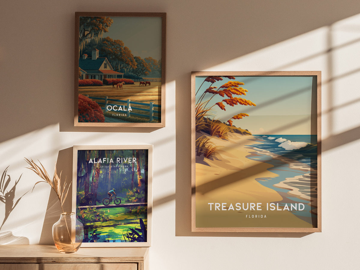 Treasure Island, Florida Poster | Sunset Beach & Lifeguard Tower Wall Art — styled in a modern interior