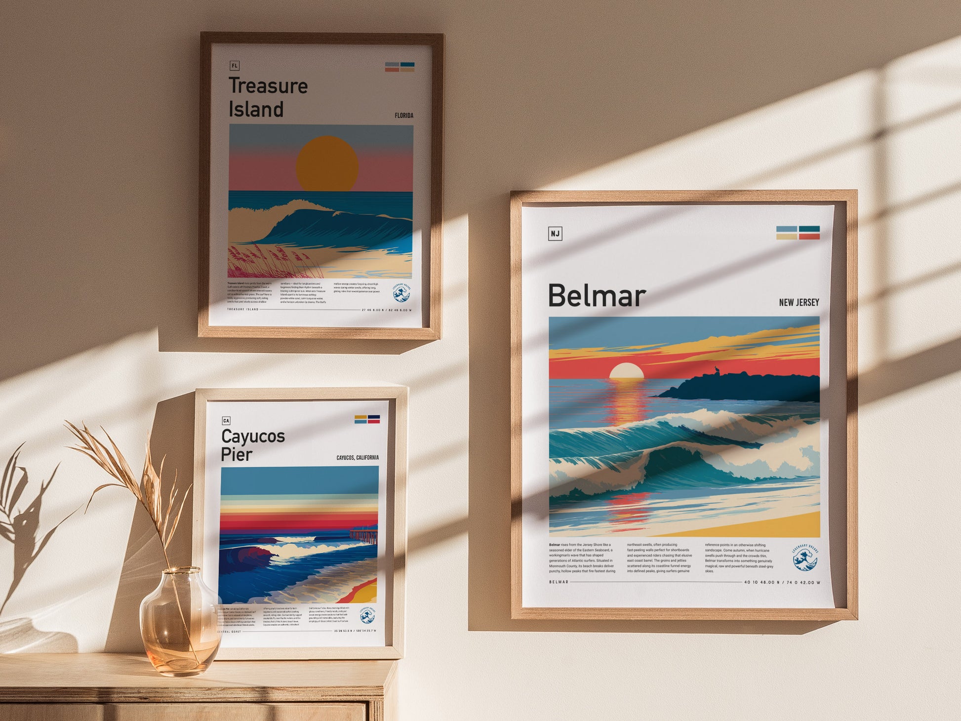 Belmar, New Jersey Poster | Surf & Boardwalk Coastal Wall Art — styled in a modern interior
