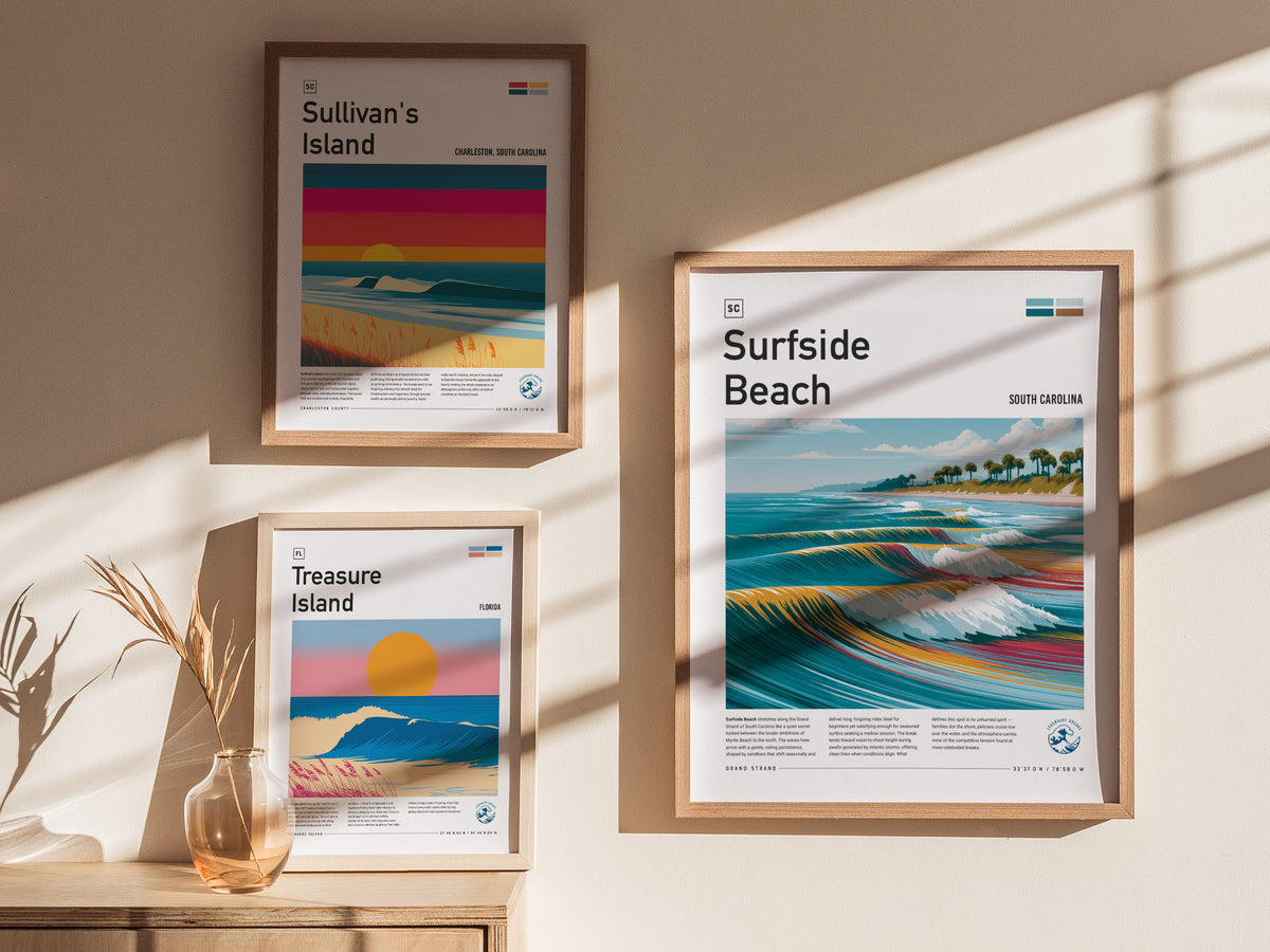 Surfside Beach, South Carolina Poster | Coastal Surf Town Wave Print Wall Art — styled in a modern interior
