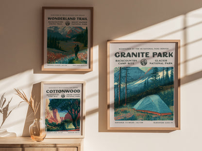 Granite Park, Glacier National Park Poster | Hiker Gift | Backcountry Trail Wall Art — styled in a modern interior