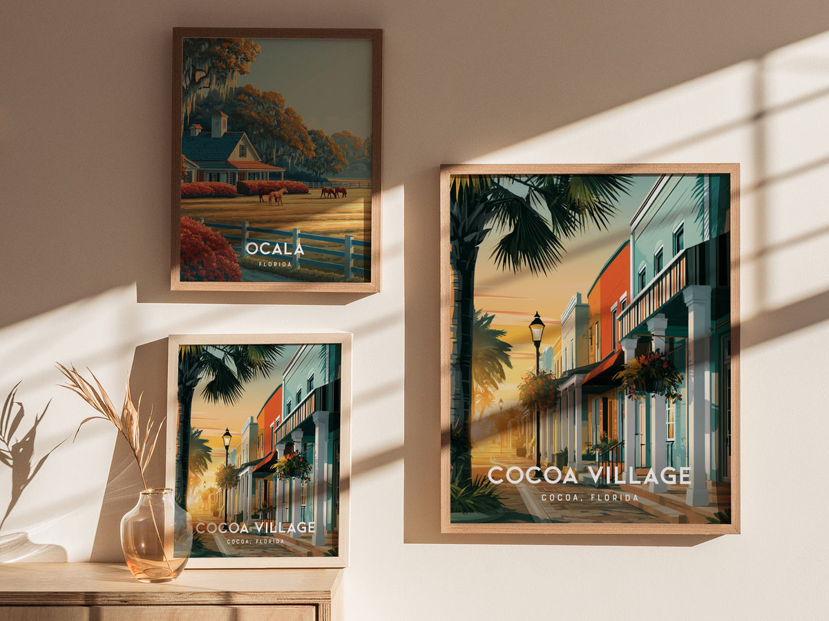 Cocoa Village, Florida Poster | Cocoa, Florida | Charming Riverfront Downtown Wall Art — styled in a modern interior