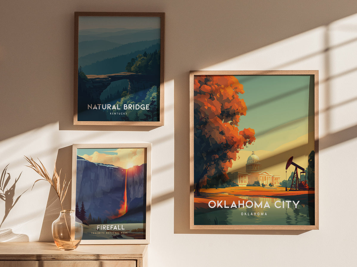 Oklahoma City, Oklahoma Poster | Bold Skyline & Prairie Charm Wall Art — styled in a modern interior