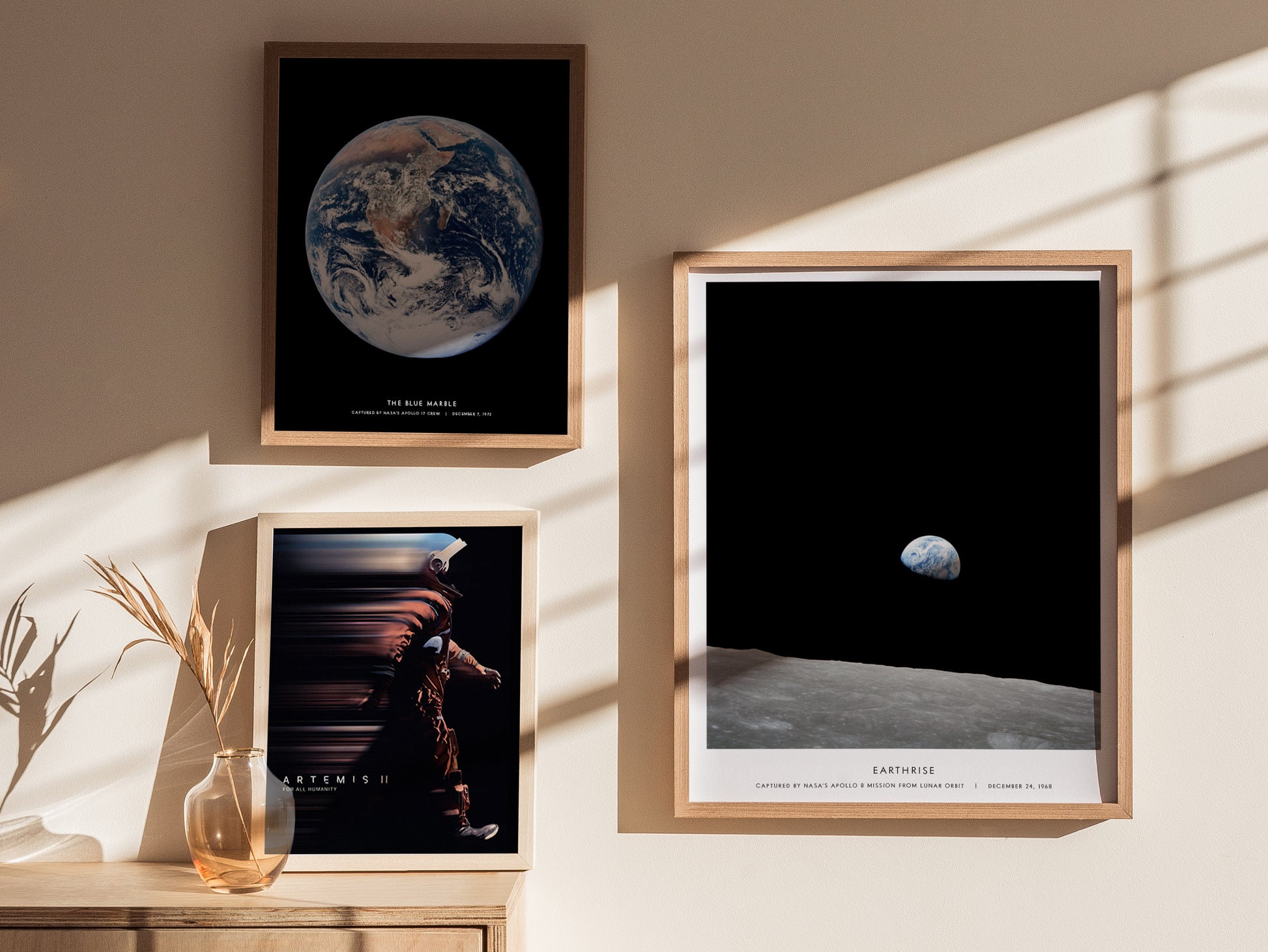 Gallery wall featuring the Earthrise poster paired with other NASA Moon and planet prints