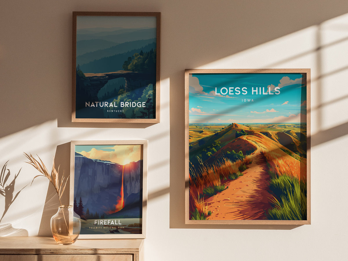 Loess Hills, Iowa Poster | Rolling Prairie Bluffs Destination Print Wall Art — styled in a modern interior