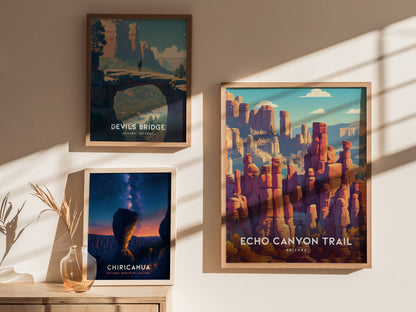 Framed Echo Canyon Trail wall art showcasing red rock formations and a blue sky, perfect for travel art and decor lovers.