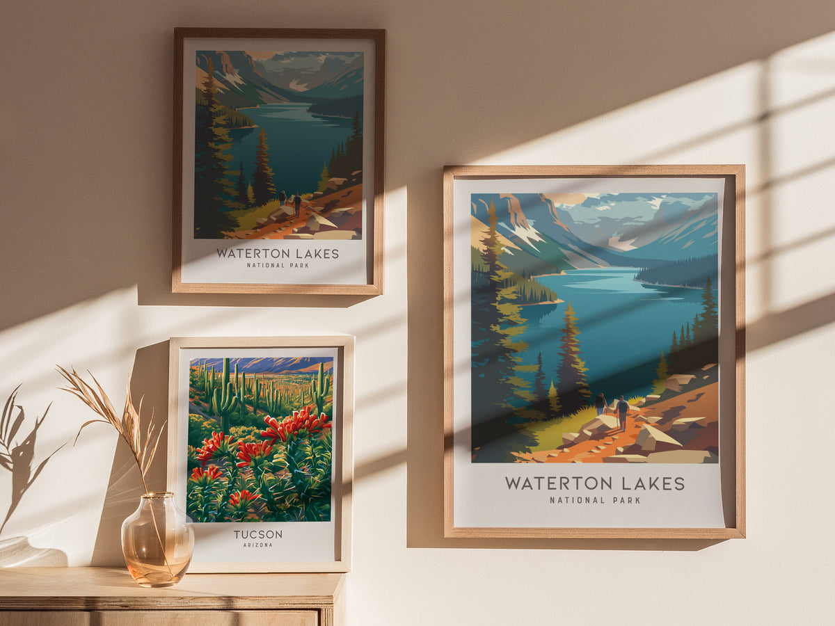 Waterton Lakes Matte Border Poster | National Park Travel Wall Art — styled in a modern interior