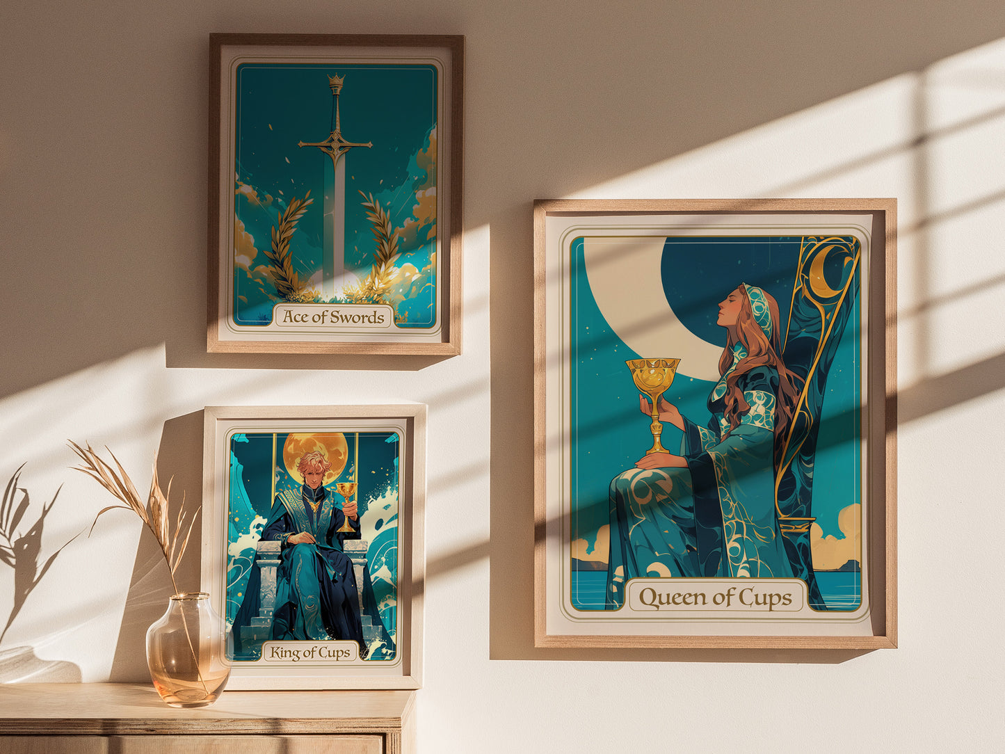 Regal Queen of Cups tarot card poster featuring a golden cup, intricate Art Nouveau details, and a mystical blue-green background.