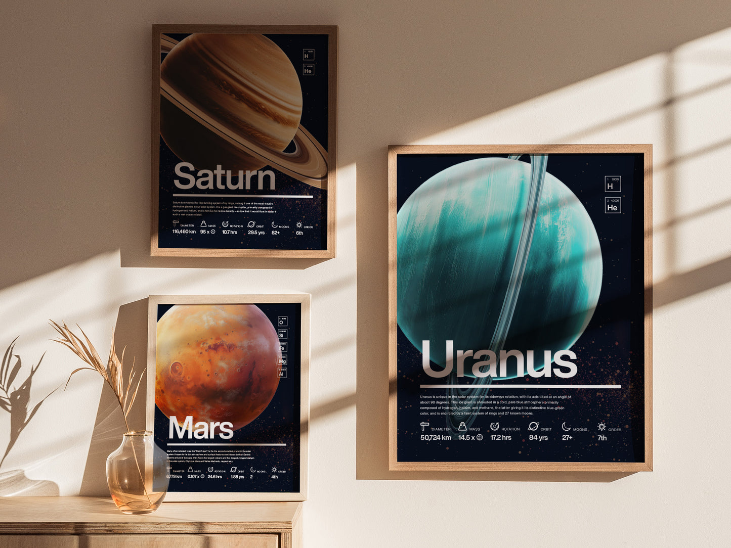 Three framed space-themed posters are displayed on a wall, featuring Uranus, Saturn, and Mars, with each planets name and scientific data. Sunlight casts shadows across the scene.