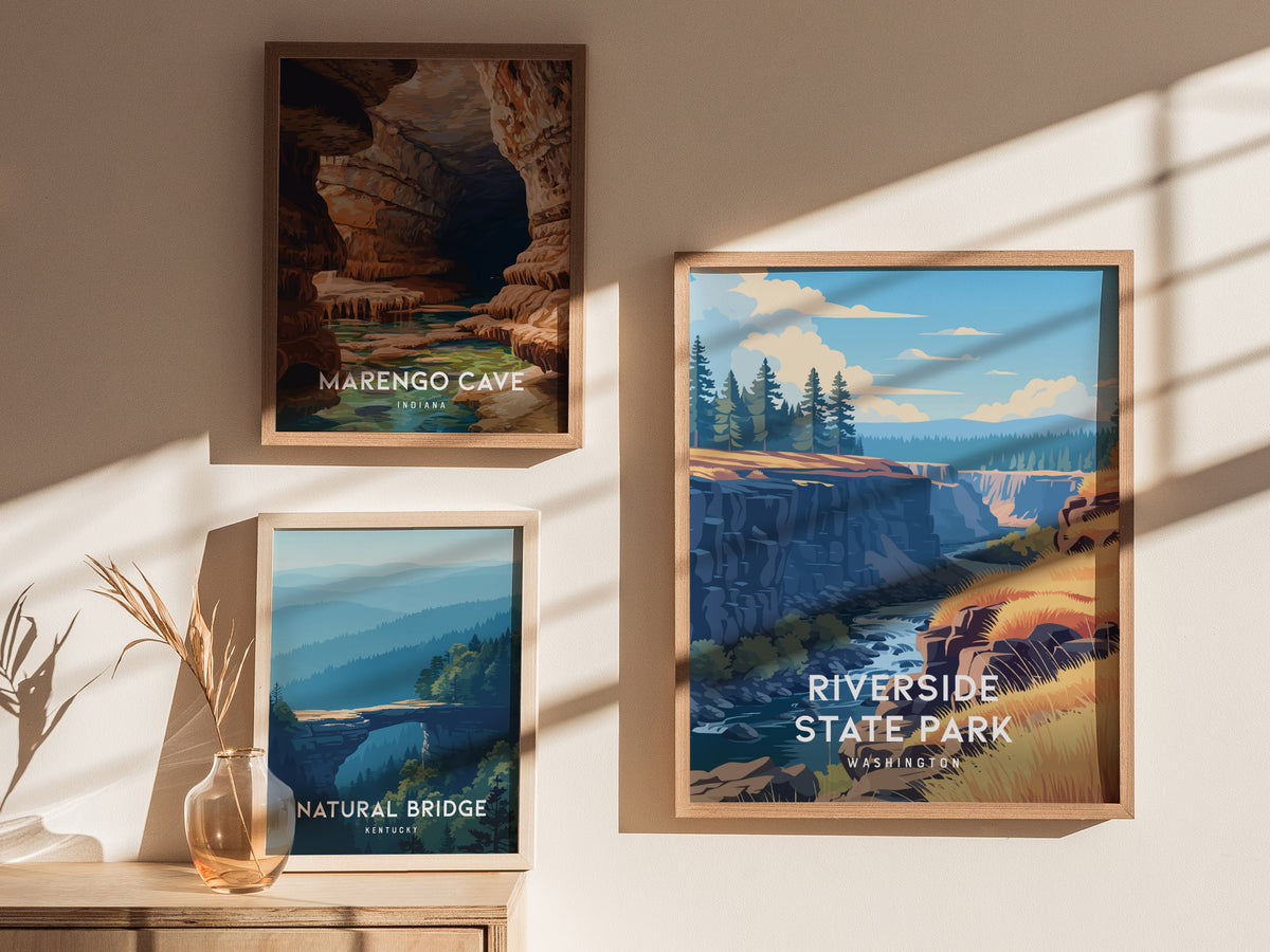 Riverside State Park, Washington Poster | Scenic River Trail Destination Print Wall Art — styled in a modern interior