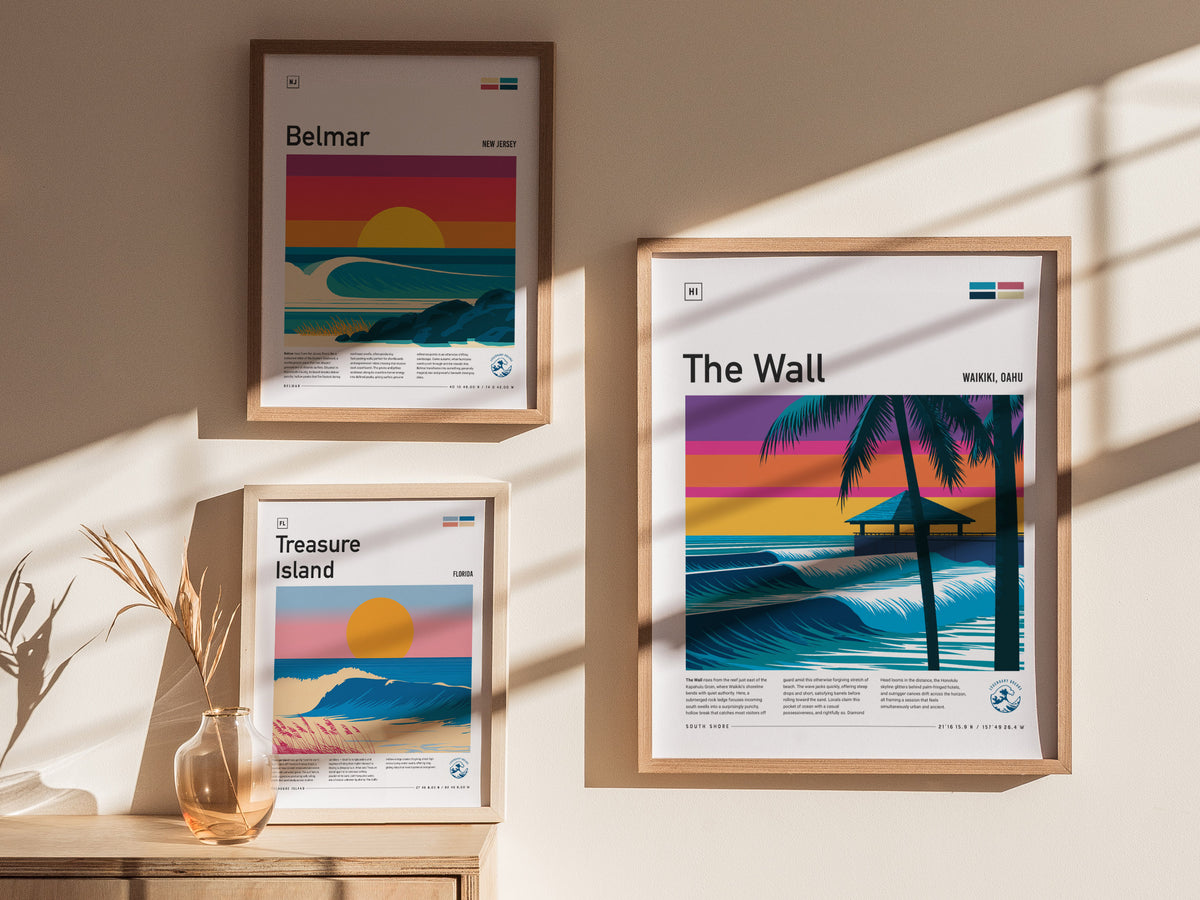 The Wall, Hawaii Poster | Epic Big Wave Surf Break Wall Art — styled in a modern interior