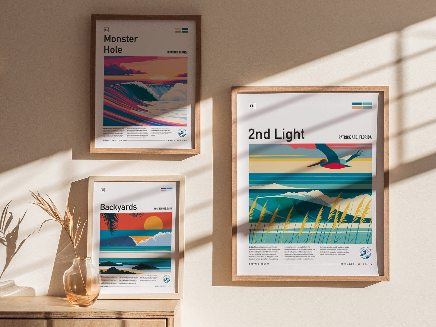 2nd Light, Florida Poster | Golden Surf Break Sunrise Wall Art — styled in a modern interior