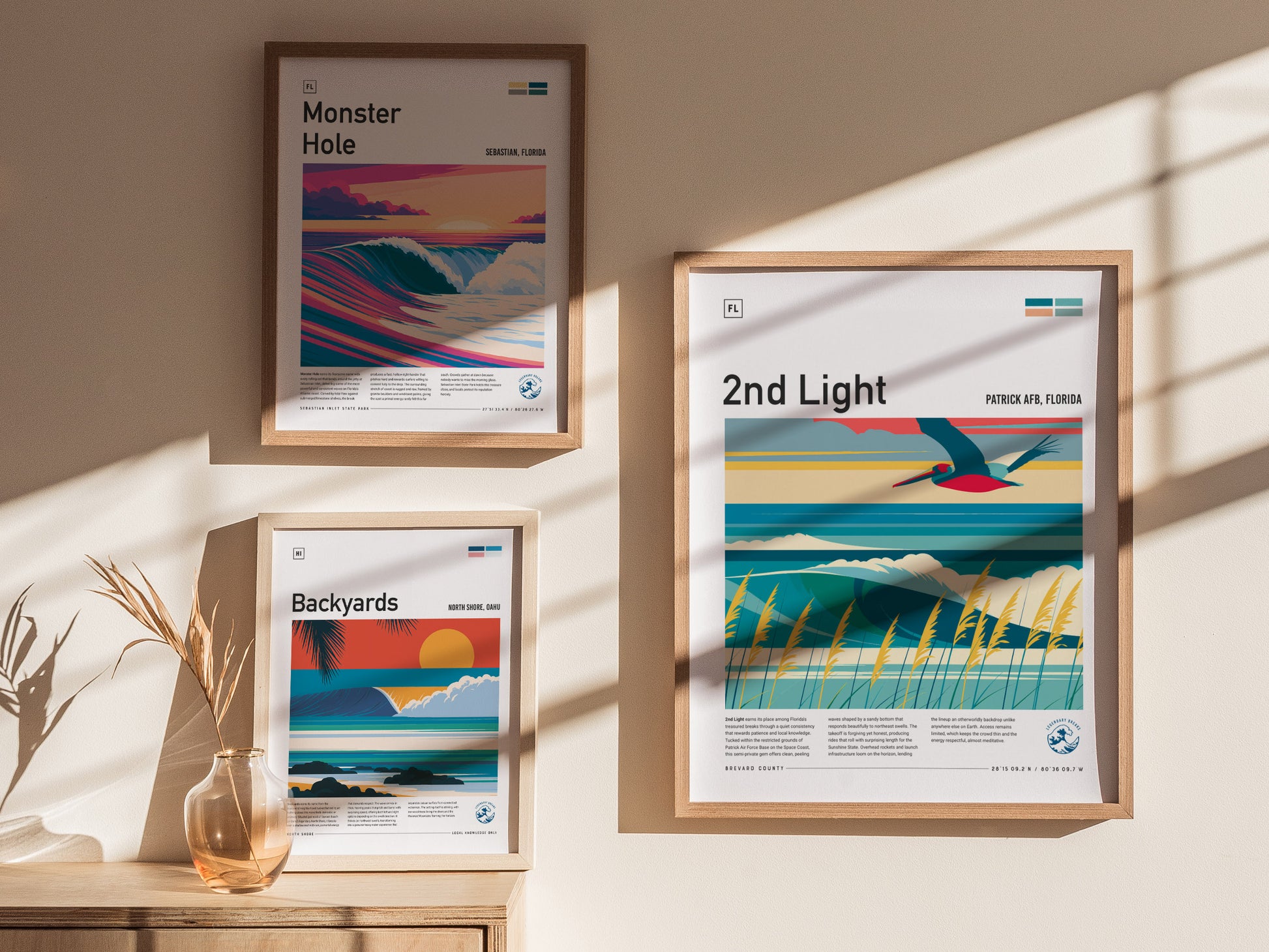 2nd Light, Florida Poster | Golden Surf Break Sunrise Wall Art — styled in a modern interior