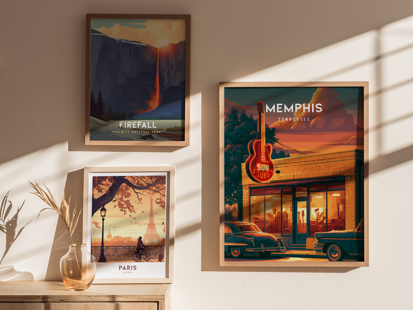 Memphis, Tennessee Poster | Blues & Beale Street Sunset Wall Art — styled in a modern interior