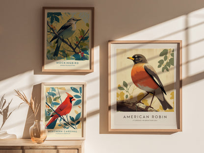 Three framed bird art prints are displayed on a wall, featuring a mockingbird, a northern cardinal, and an American robin, with sunlight casting shadows across them.