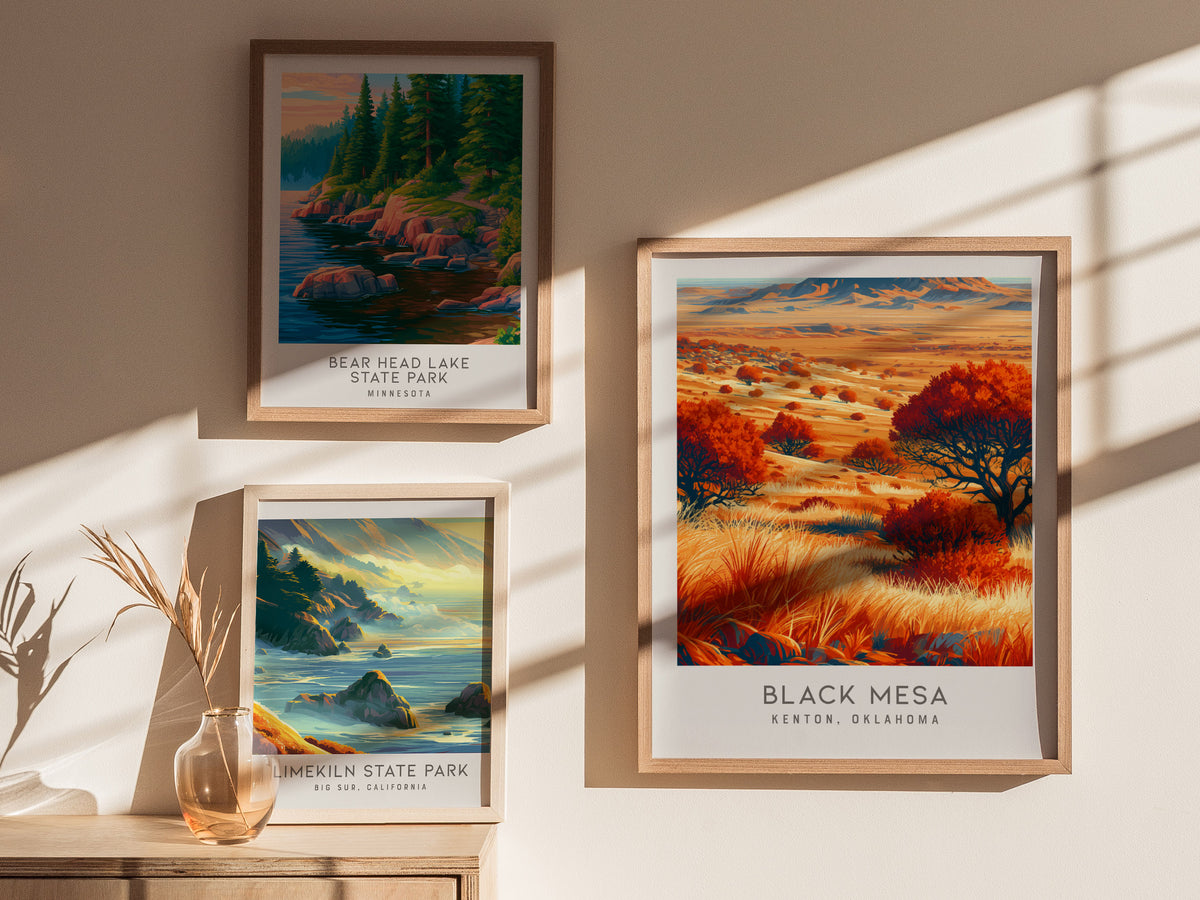 Black Mesa Matte Border Poster | Kenton, Oklahoma Destination Print Travel Wall Art — styled in a modern interior