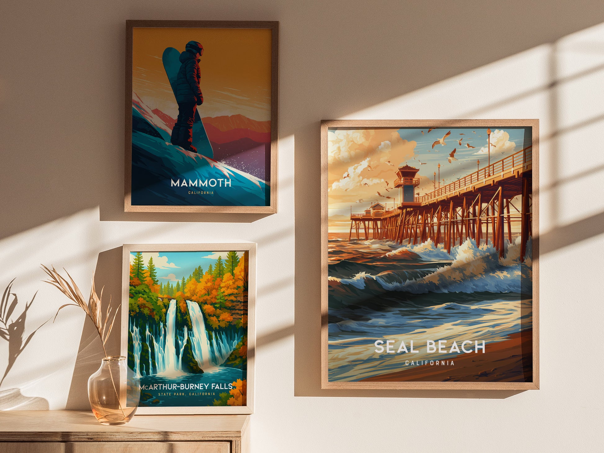 Seal Beach, California Poster | Sun-Kissed Pier & Coastal Charm Wall Art — styled in a modern interior