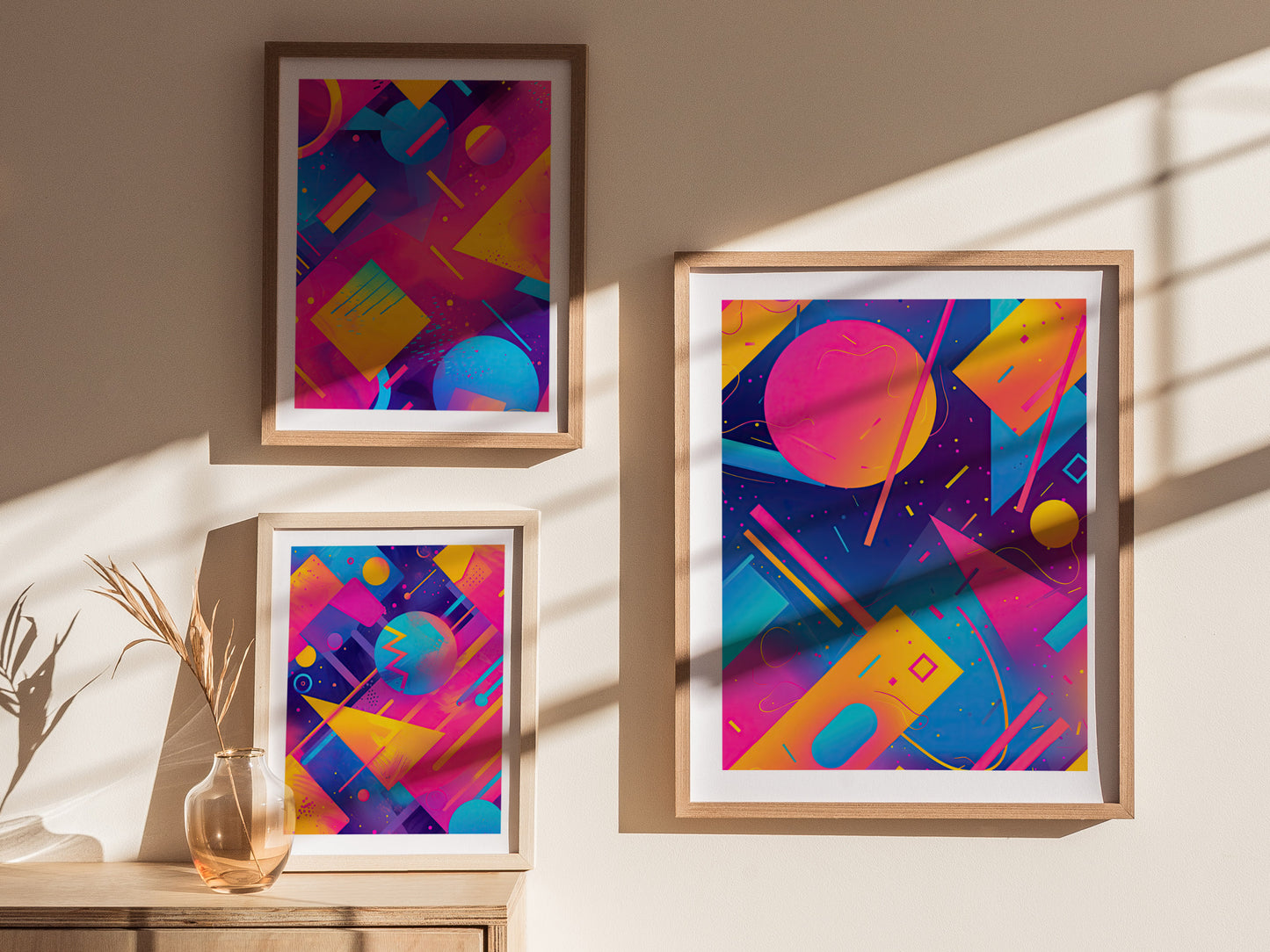 Framed posters featuring neon geometric abstract art in vibrant pink, blue, yellow, and purple tones. Sunlight casts shadows on the wall, enhancing the retro 90s aesthetic.
