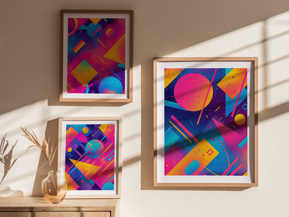 Framed posters featuring neon geometric abstract art in vibrant pink, blue, yellow, and purple tones. Sunlight casts shadows on the wall, enhancing the retro 90s aesthetic.
