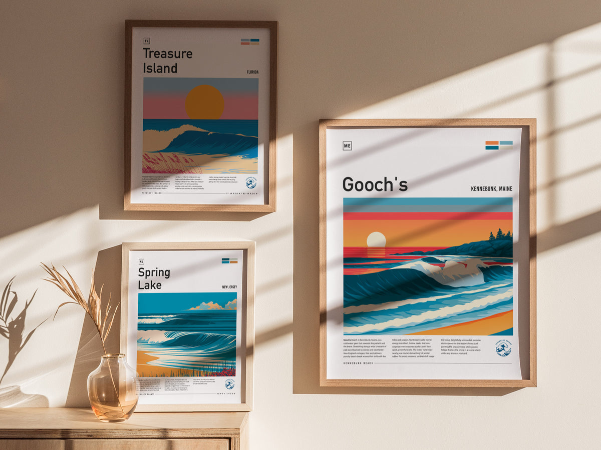Gooch's Beach, Kennebunk, Maine Poster | Rocky Shore & Rolling Waves Wall Art — styled in a modern interior