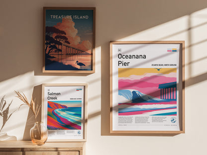 Oceanana Pier, Atlantic Beach, North Carolina Poster | Surf Wall Art & Beach House Decor — styled in a modern interior