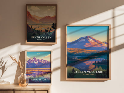 Three framed posters feature scenic landscapes: Death Valley, Grand Teton, and Lassen Volcanic National Parks. Sunlight casts shadows across the wall, and a vase with dried plants sits nearby.