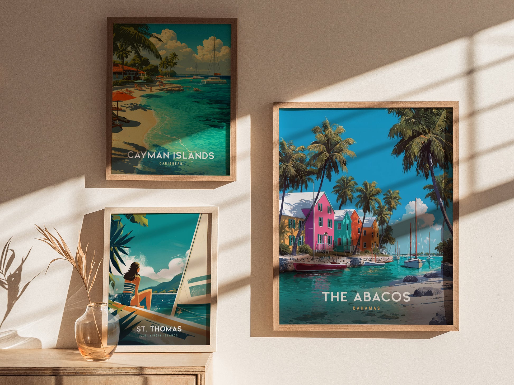 Vibrant Abacos Bahamas poster featuring colorful houses, palm trees, and sailboats in turquoise waters, perfect travel art print.