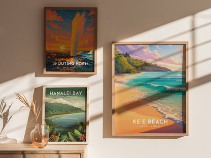 Keʻe Beach Poster – Kauai Hawaii Art Print, Sunset Coastal Wall Art, Framed or Unframed, Tropical Ocean Decor, Gift for Island Lovers
