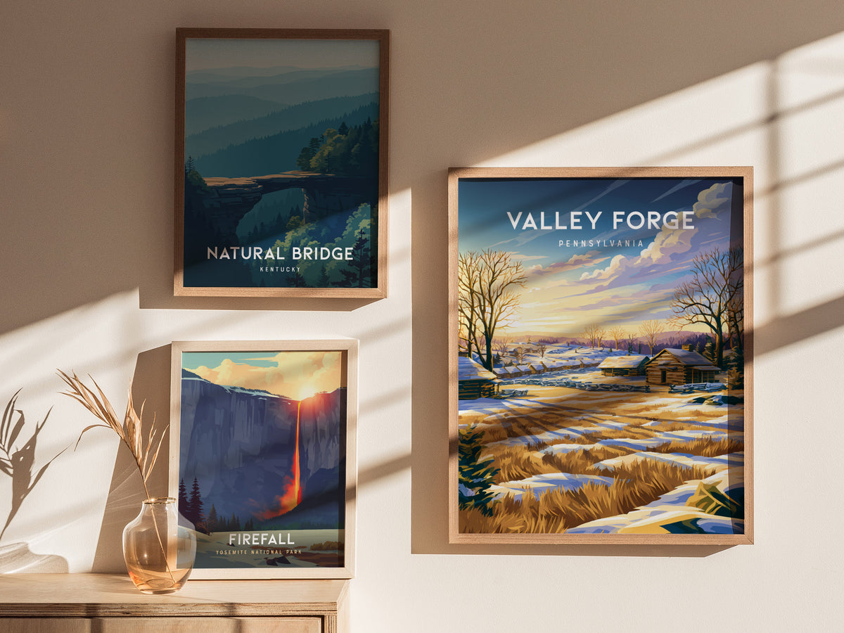 Valley Forge, Pennsylvania Poster | Historic Winter Encampment Travel Wall Art — styled in a modern interior
