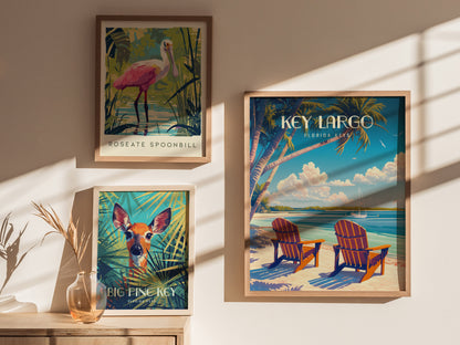 Three framed posters hang on a sunlit wall: a roseate spoonbill, a deer in foliage, and a Key Largo beach scene with chairs and palm trees.