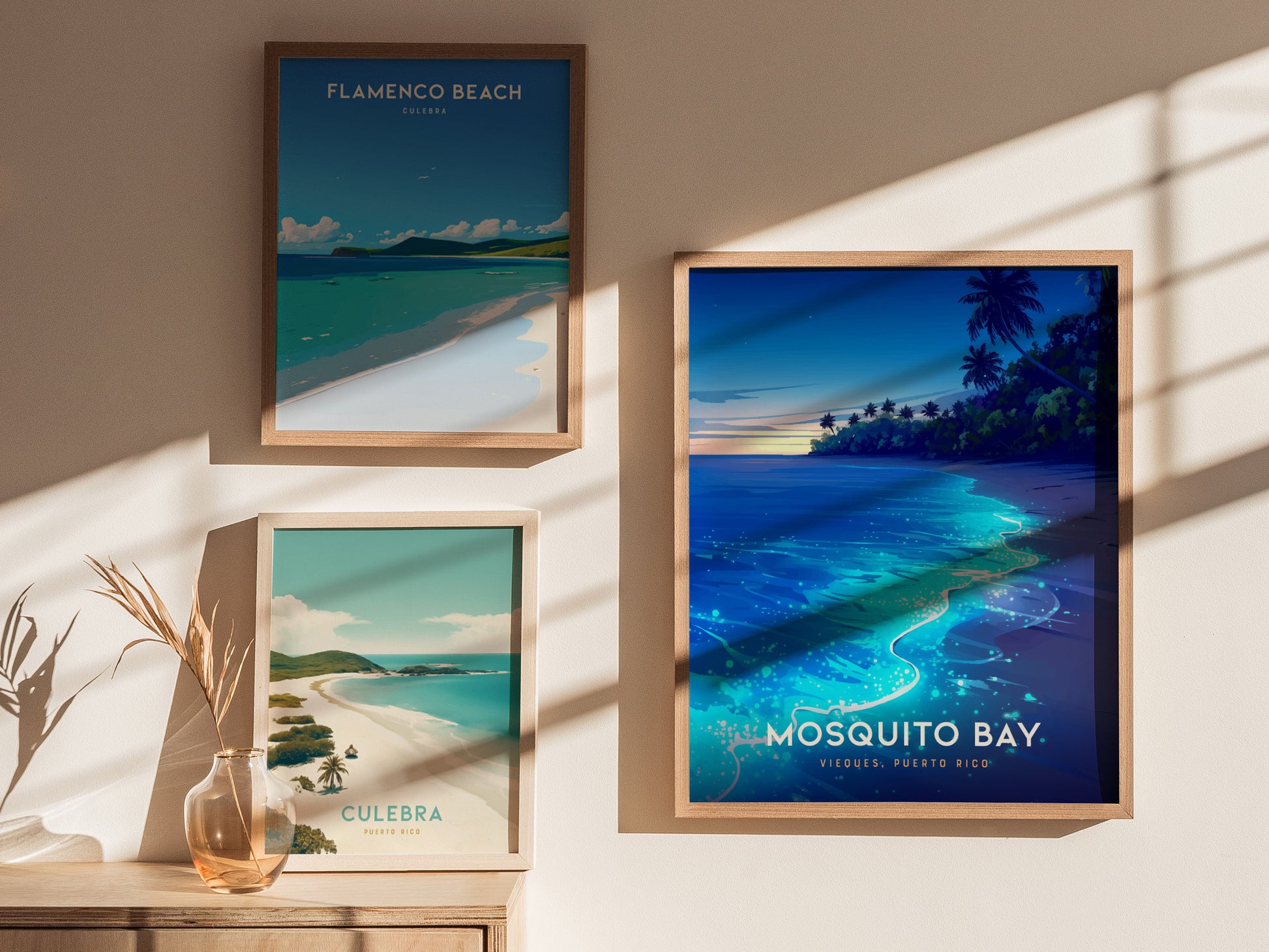 Vibrant Mosquito Bay poster featuring bioluminescent turquoise waters and silhouetted palm trees, perfect travel art for decor.
