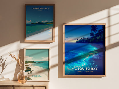 Vibrant Mosquito Bay poster featuring bioluminescent turquoise waters and silhouetted palm trees, perfect travel art for decor.